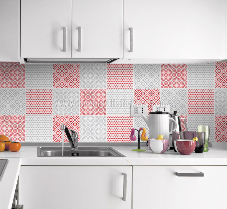 Vinilo azulejo patrones rojo y gris Cenefas para azulejos de cocina