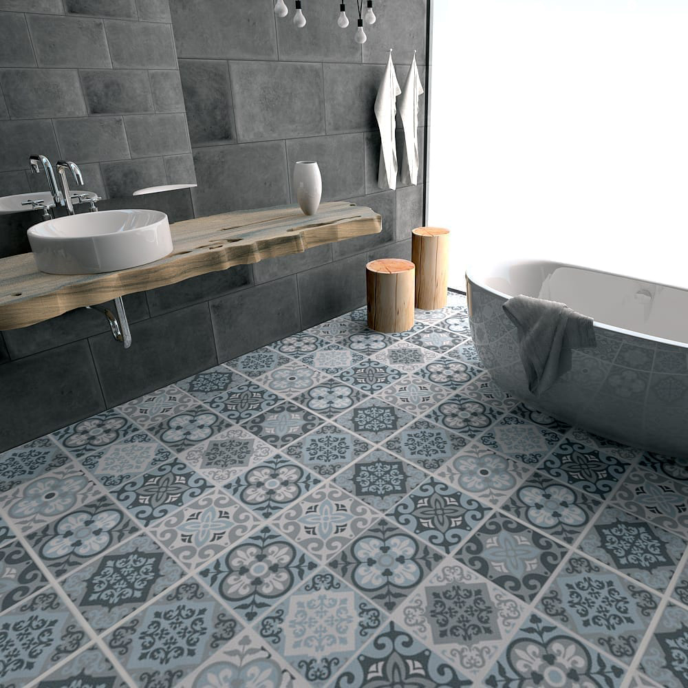 Autocollant carrelage décoratif vintage bleu gris