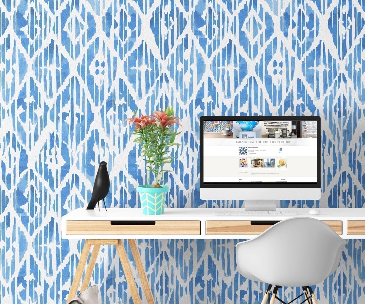 Blue Ikat Indigo Watercolor Wallpaper - Moonwallstickers.com