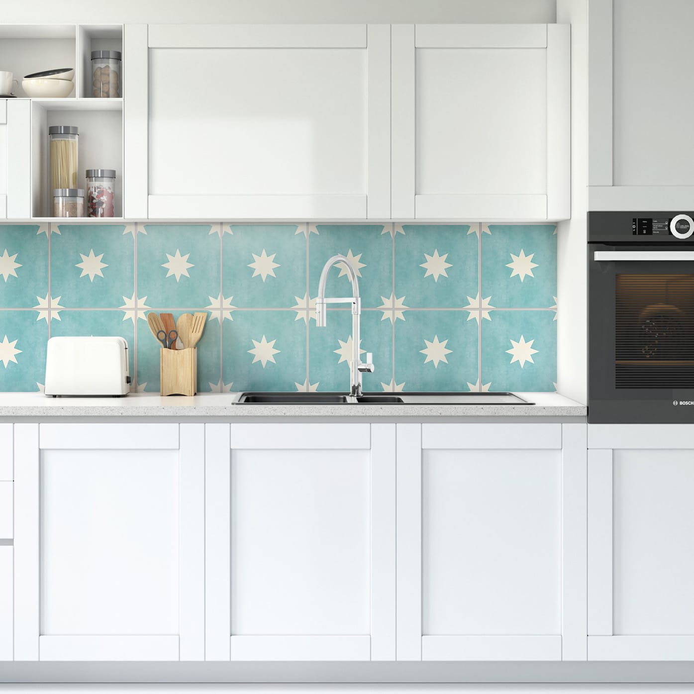 Kitchen Backsplash Decor Tiles Stars Turquoise